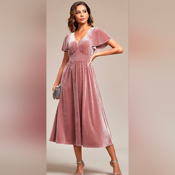 Ever Pretty Dresses & Skirts - Ever Pretty Rose Gold Pleated Velvet Maxi Dress